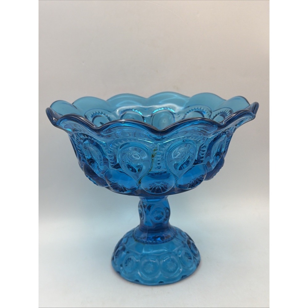 L E Smith Moon and Stars Blue Pedestal Compote  Scalloped Rim Vintage 8" Bowl